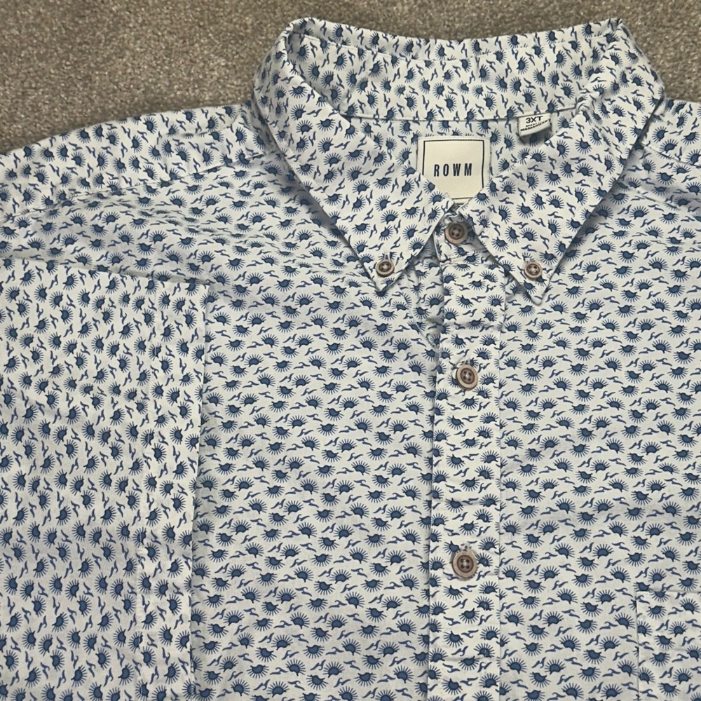 ROWM Men 3XT Short Sleeve Button Down White Blue Sun Wave Geometric Coastal Tall